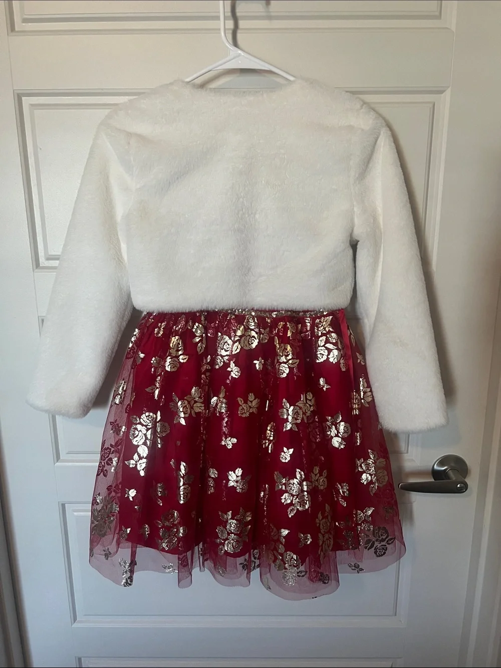 Carter's Girls' Red Metallic Floral Tulle Dress with Cream Faux-Fur Bolero